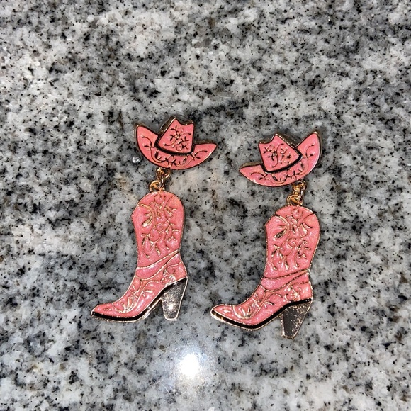 Pink Cow Girl Boot Earrings western - Picture 4 of 5